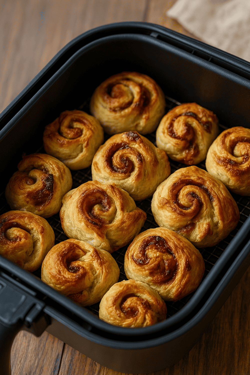 Goldbraune Zimtschnecken mit Zimtzucker-Füllung im schwarzen Airfryer-Korb, angerichtet auf Holzuntergrund mit warmem Licht
