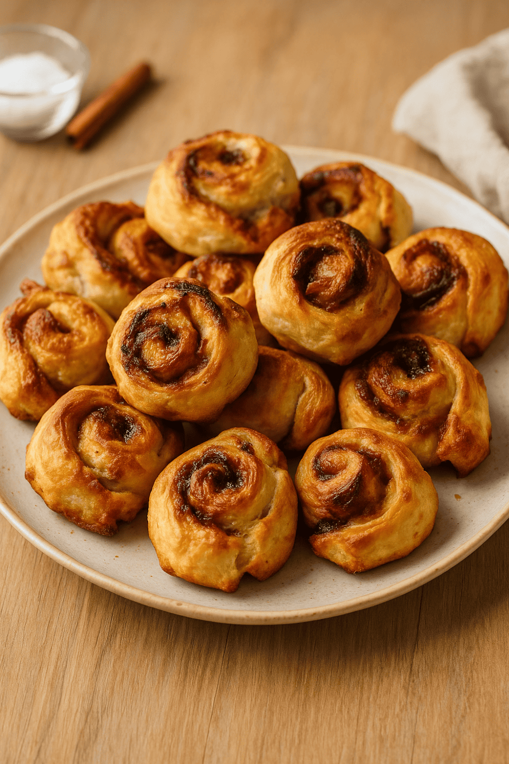 Zimtschnecken auf cremefarbenem Teller mit Zimtstangen im Hintergrund, warmes Licht, gemütliche Präsentation auf Holztisch