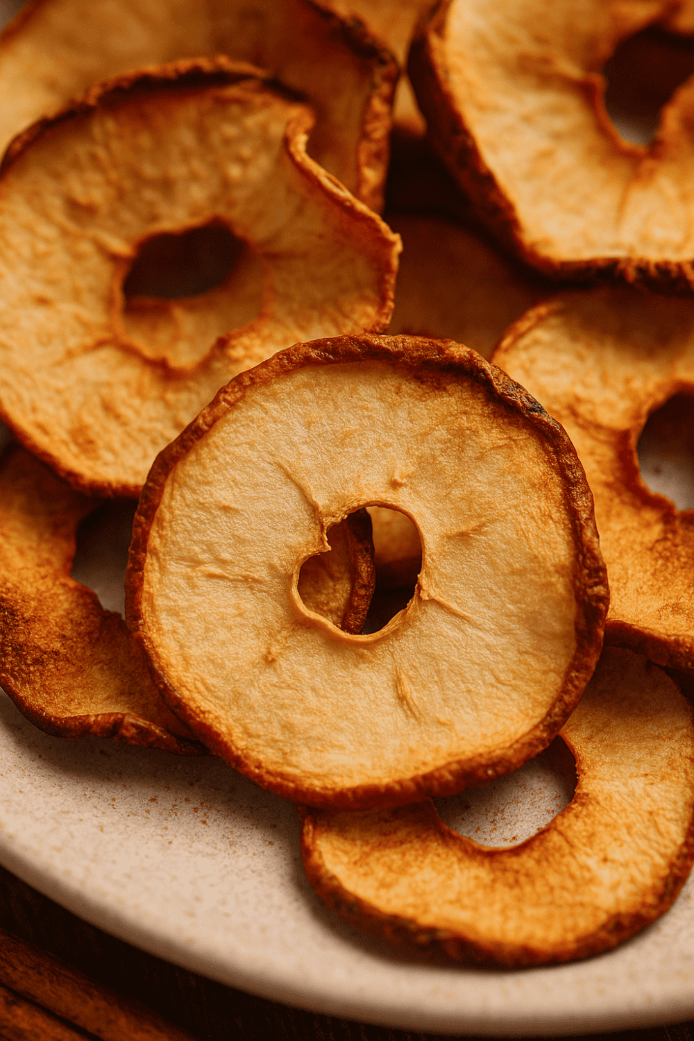 Nahaufnahme selbstgemachte Apfelchips aus dem Airfryer mit Zimt