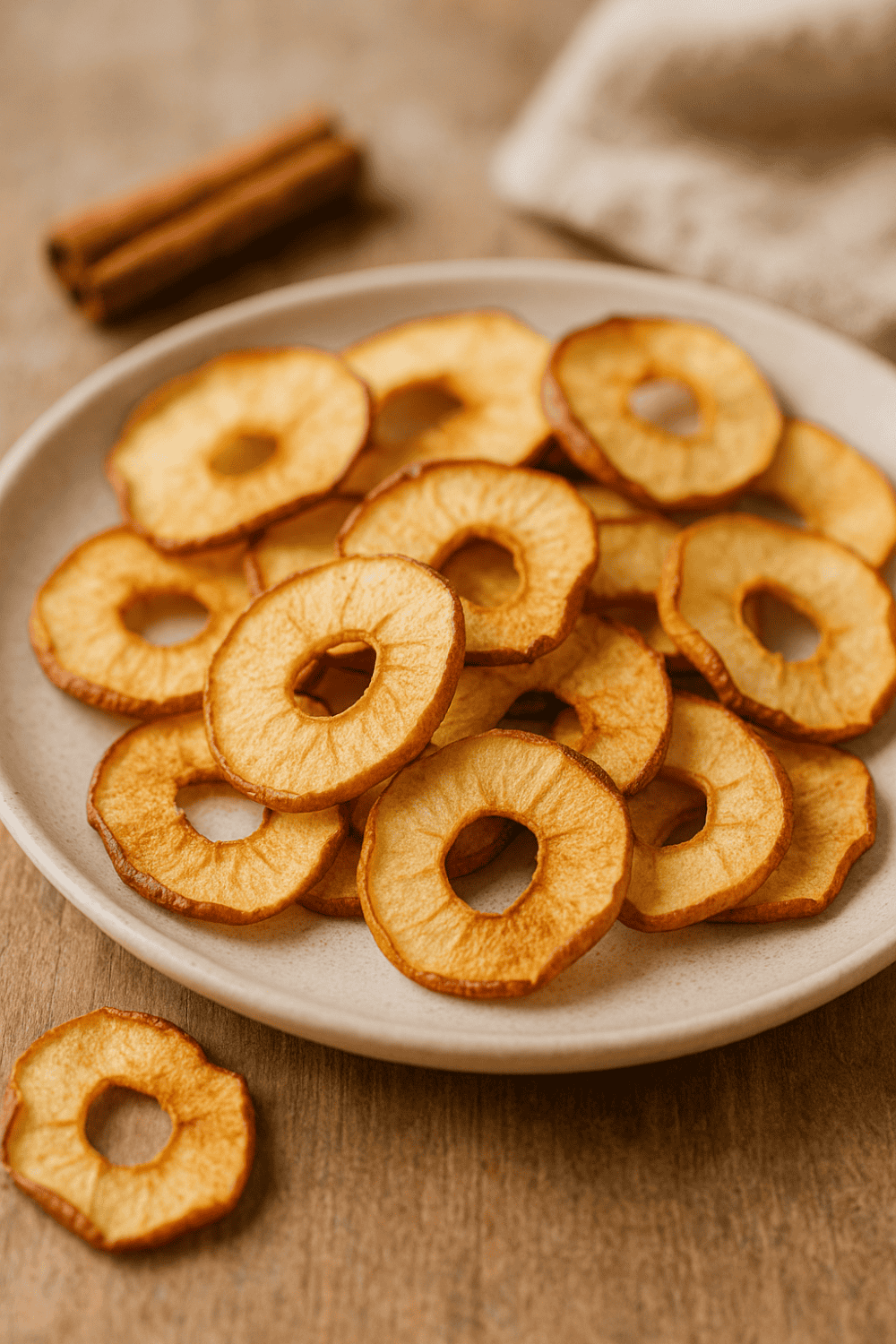 Knusprige Apfelchips aus der Heißluftfritteuse auf Teller mit Zimtstangen