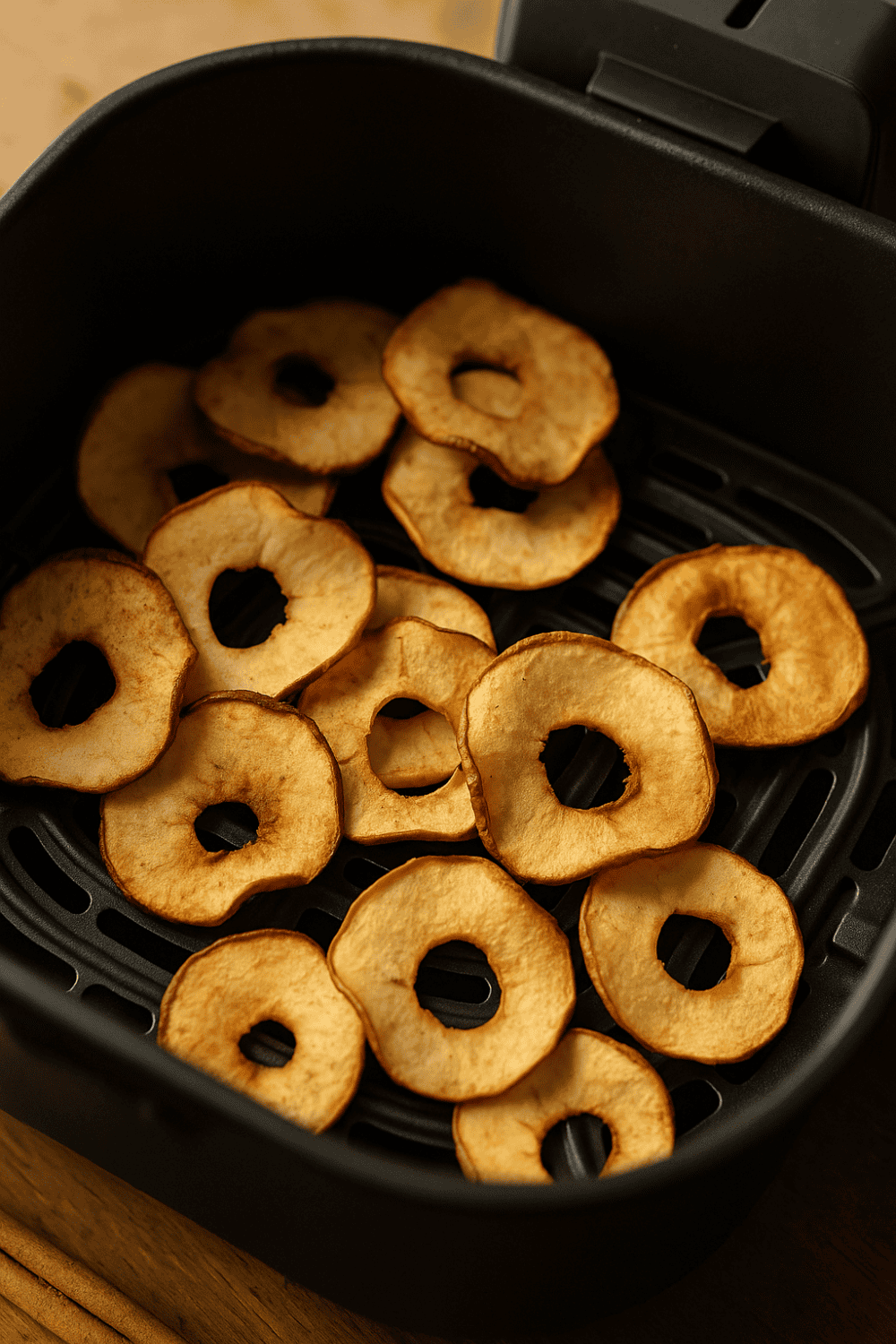 Apfelchips im Airfryer-Korb der Heißluftfritteuse während der Zubereitung