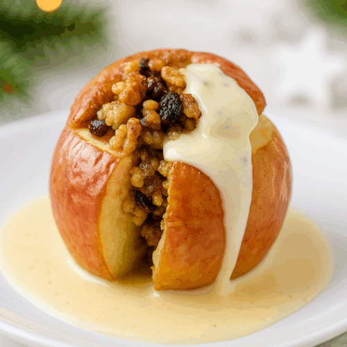 Aufgeschnittener Bratapfel aus der Heißluftfritteuse mit Marzipan-Nuss-Füllung, Rosinen und cremiger Vanillesauce auf weißem Teller mit weihnachtlicher Beleuchtung im Hintergrund