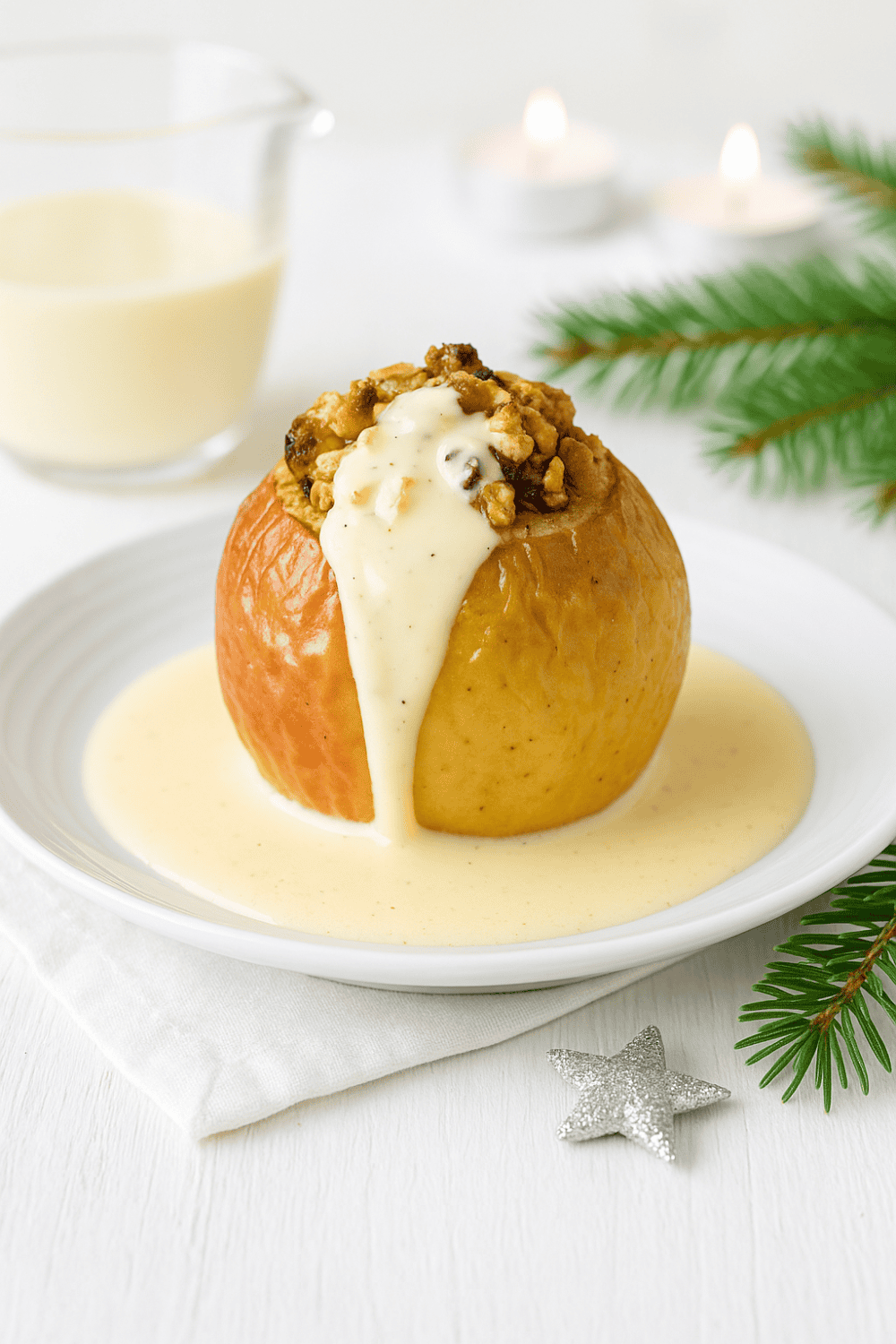 Bratapfel aus der Heißluftfritteuse mit Vanillesauce auf weißem Teller, dekoriert mit Tannenzweigen und Weihnachtsstern – festliches Dessert in 25 Minuten