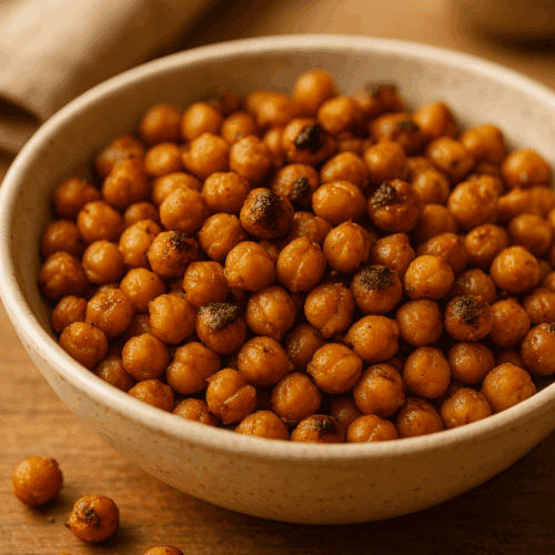 Geröstete Kichererbsen Heißluftfritteuse in heller Keramikschale, perfekt als gesunder Snack