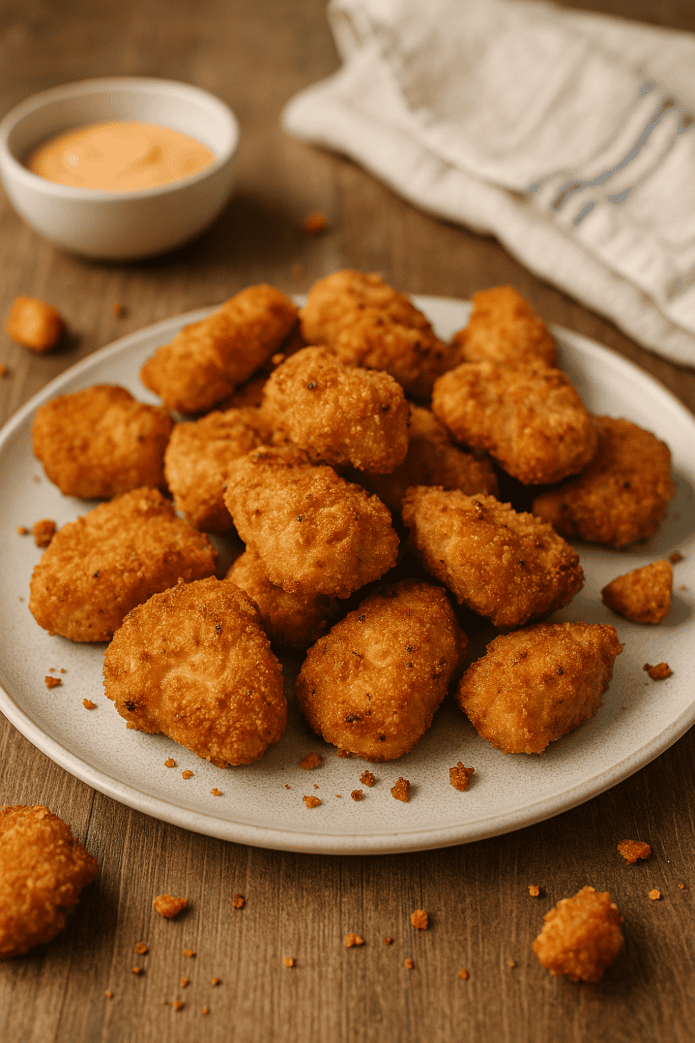 Selbstgemachte Chicken Nuggets Heißluftfritteuse serviert mit cremigem Dip auf rustikalem Holztisch