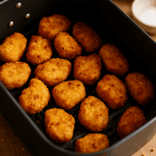 Chicken Nuggets während der Zubereitung in der Heißluftfritteuse, gleichmäßig verteilt im Garkorb