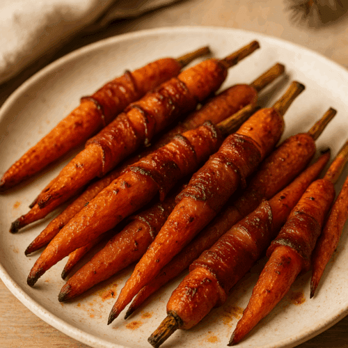 Honey-Bacon-Karotten aus der Heißluftfritteuse auf hellem Teller mit Tannenzweig Deko