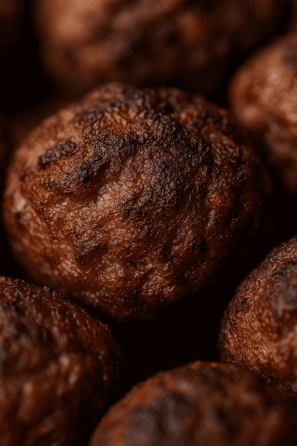 Extreme Nahaufnahme einer einzelnen goldbraunen Mini-Frikadelle, knusprige Textur erkennbar, dunkler Hintergrund