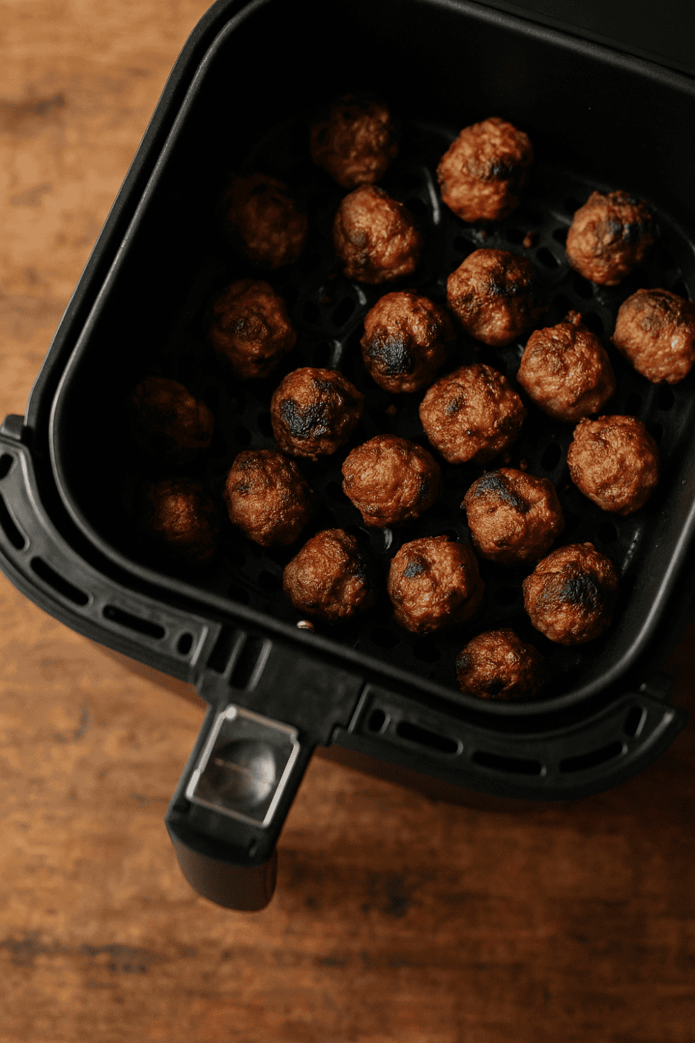 Geöffneter schwarzer Airfryer-Korb gefüllt mit goldbraunen Mini-Frikadellen, Blick von schräg oben auf Holztisch