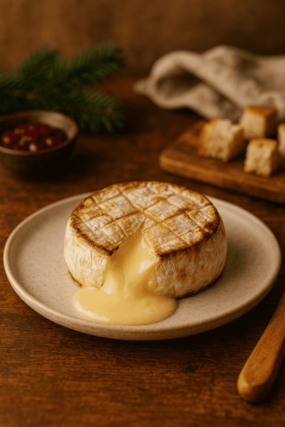 Heißluftfritteuse Camembert mit knuspriger Rinde und flüssigem Inneren, serviert mit Baguette-Würfeln und Preiselbeeren