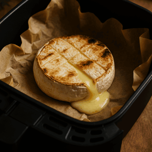 Frisch zubereiteter Camembert in der Heißluftfritteuse mit geschmolzenem Käse und goldbrauner Oberfläche