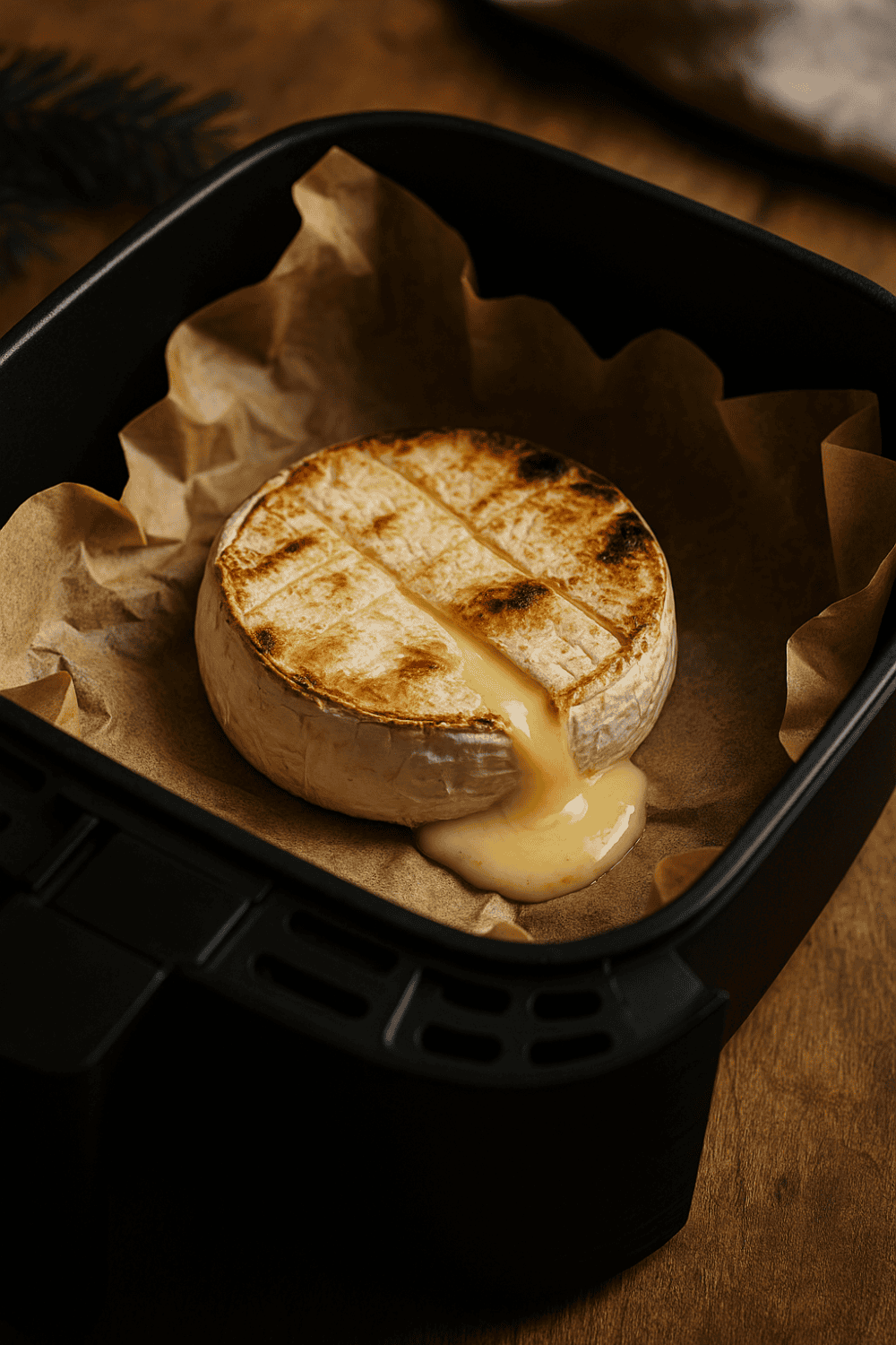 Frisch zubereiteter Camembert in der Heißluftfritteuse mit geschmolzenem Käse und goldbrauner Oberfläche