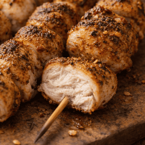 Saftige Hähnchenspieße aus dem Airfryer im Querschnitt – außen knusprige Gewürzkruste, innen zartes weißes Fleisch, perfekt durchgegart bei 74 Grad Kerntemperatur