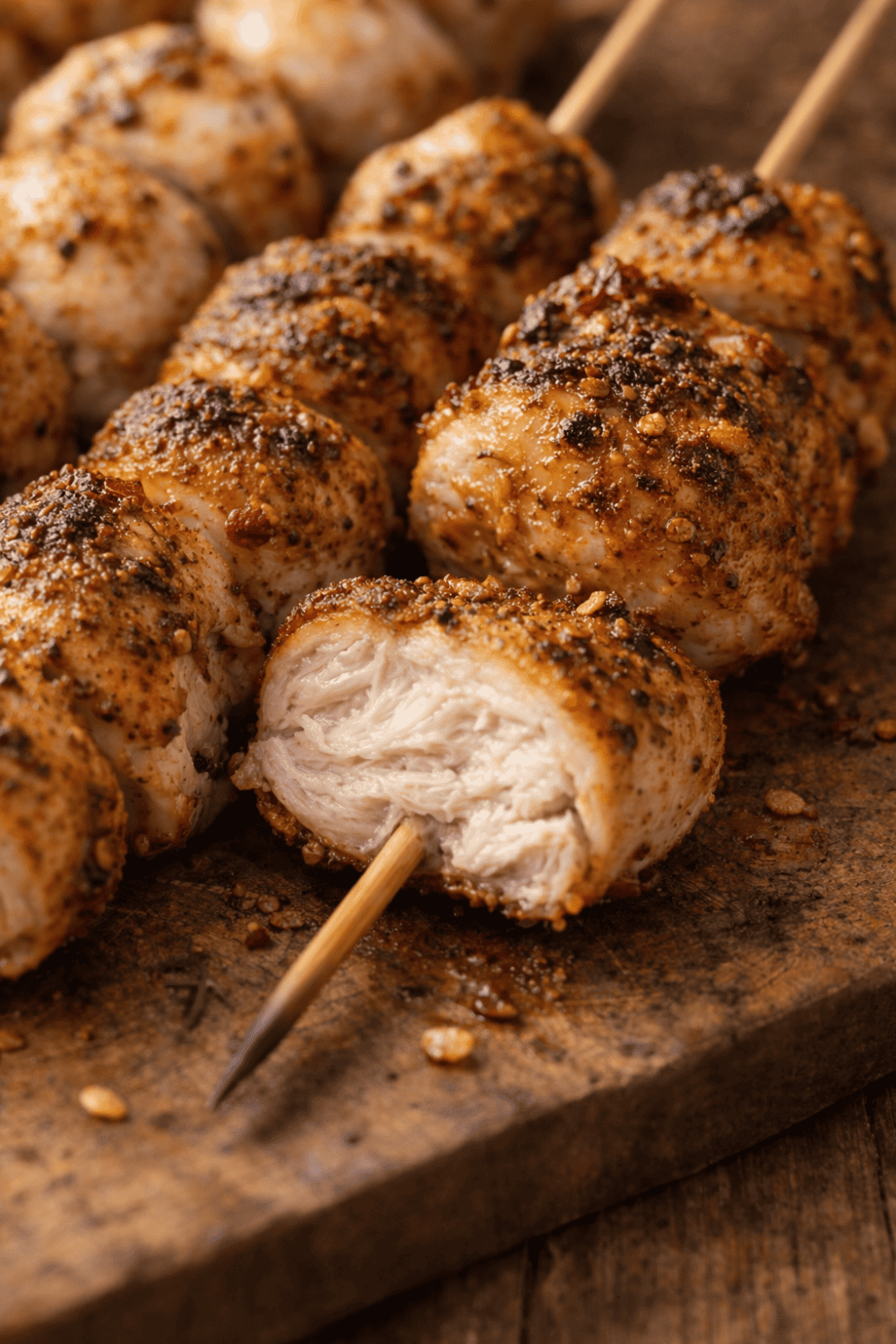 Saftige Hähnchenspieße aus dem Airfryer im Querschnitt – außen knusprige Gewürzkruste, innen zartes weißes Fleisch, perfekt durchgegart bei 74 Grad Kerntemperatur