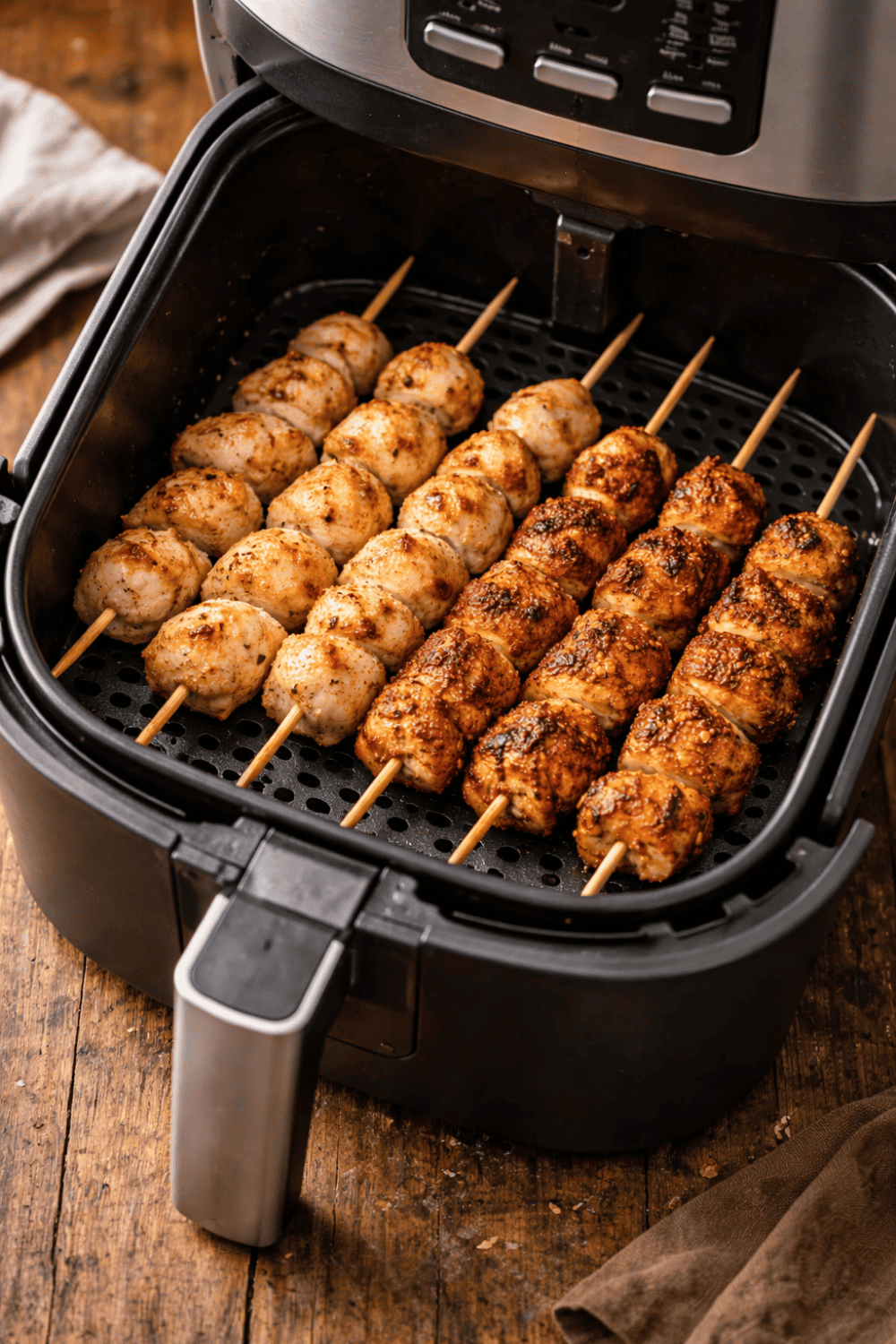 Hähnchenspieße im Airfryer-Korb bei 180 Grad – links milde Kinder-Spieße mit Paprika edelsüß, rechts würzige Erwachsenen-Spieße mit Knoblauch und geräuchertem Paprika