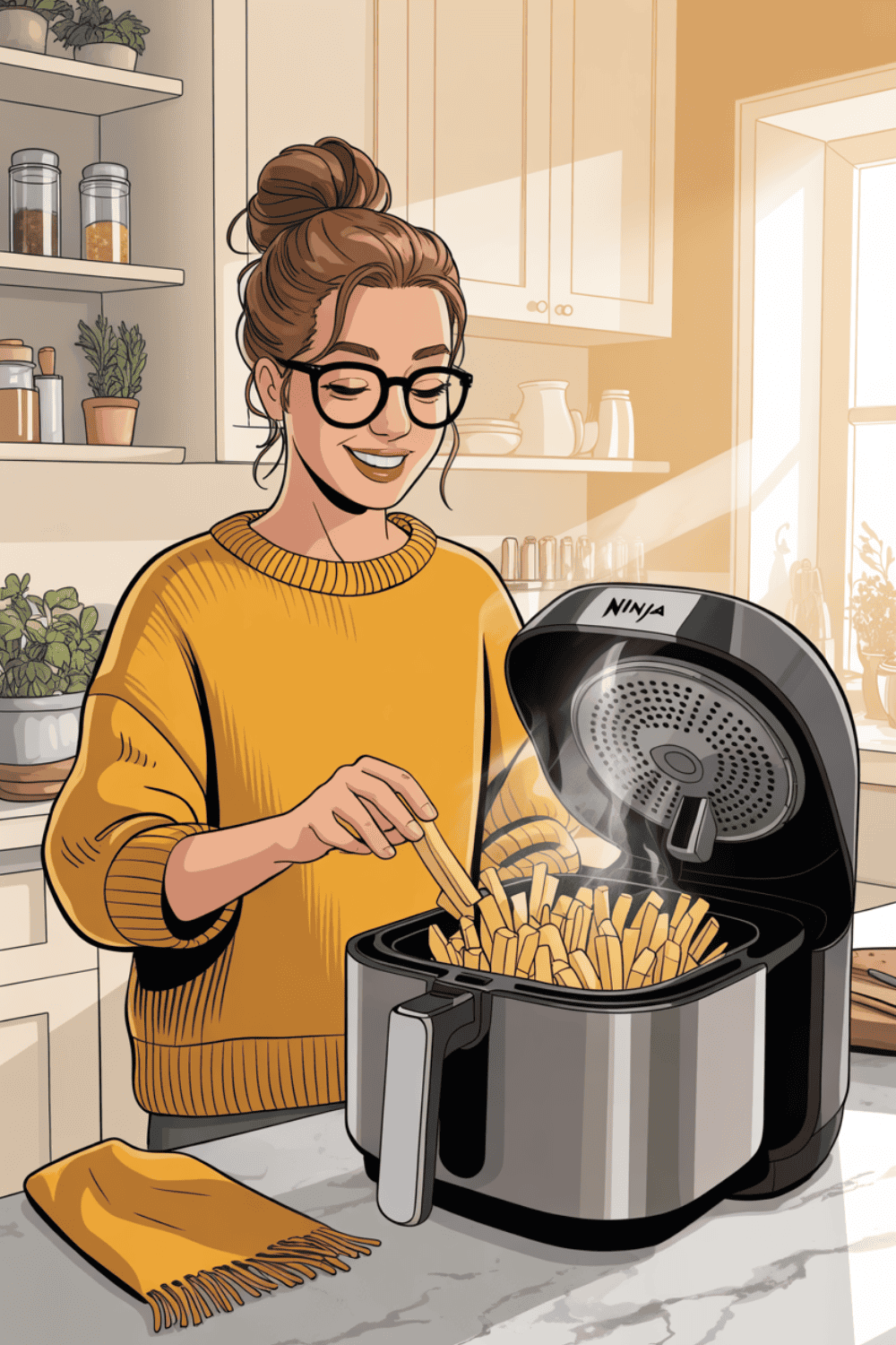 Frau in gelbem Pullover rührt mit Holzlöffel in geöffneter Ninja Airfryer voller roher Pommes, freundliches Lächeln in heller Küche