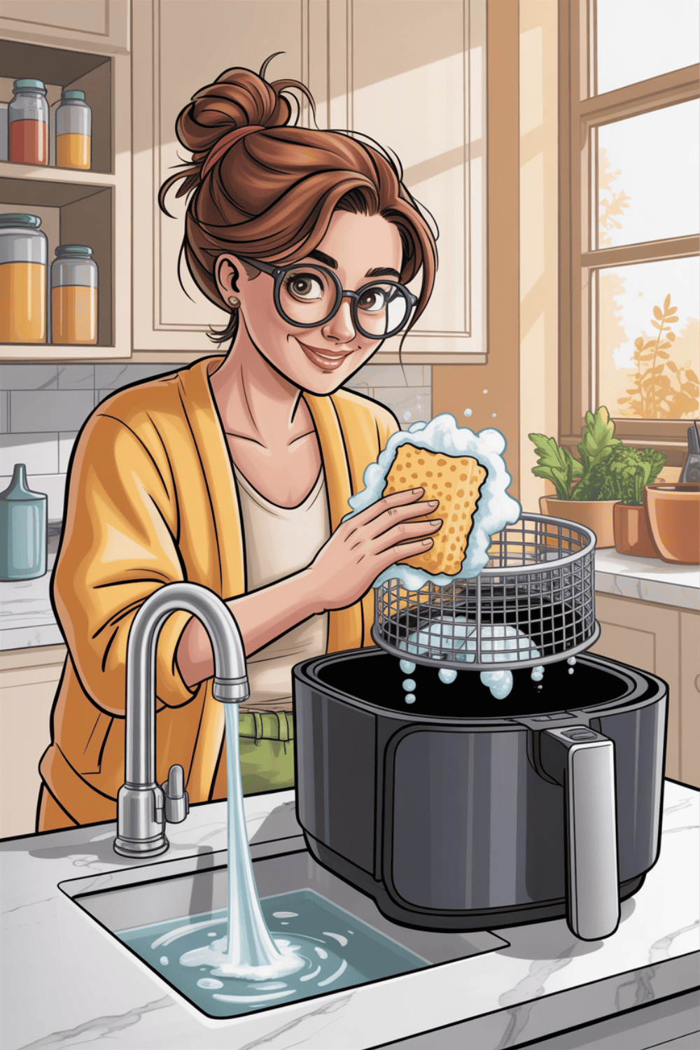 Frau in senfgelbem Cardigan wäscht Airfryer-Korb mit gelbem Schwamm unter fließendem Wasser am Küchenspülbecken, Seifenblasen sichtbar