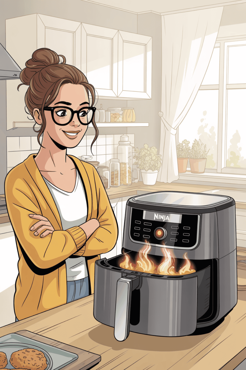 Frau mit verschränkten Armen beobachtet geduldig geschlossene Ninja Airfryer beim Einbrennen, Fenster im Hintergrund geöffnet, leichte Dampfschwaden sichtbar