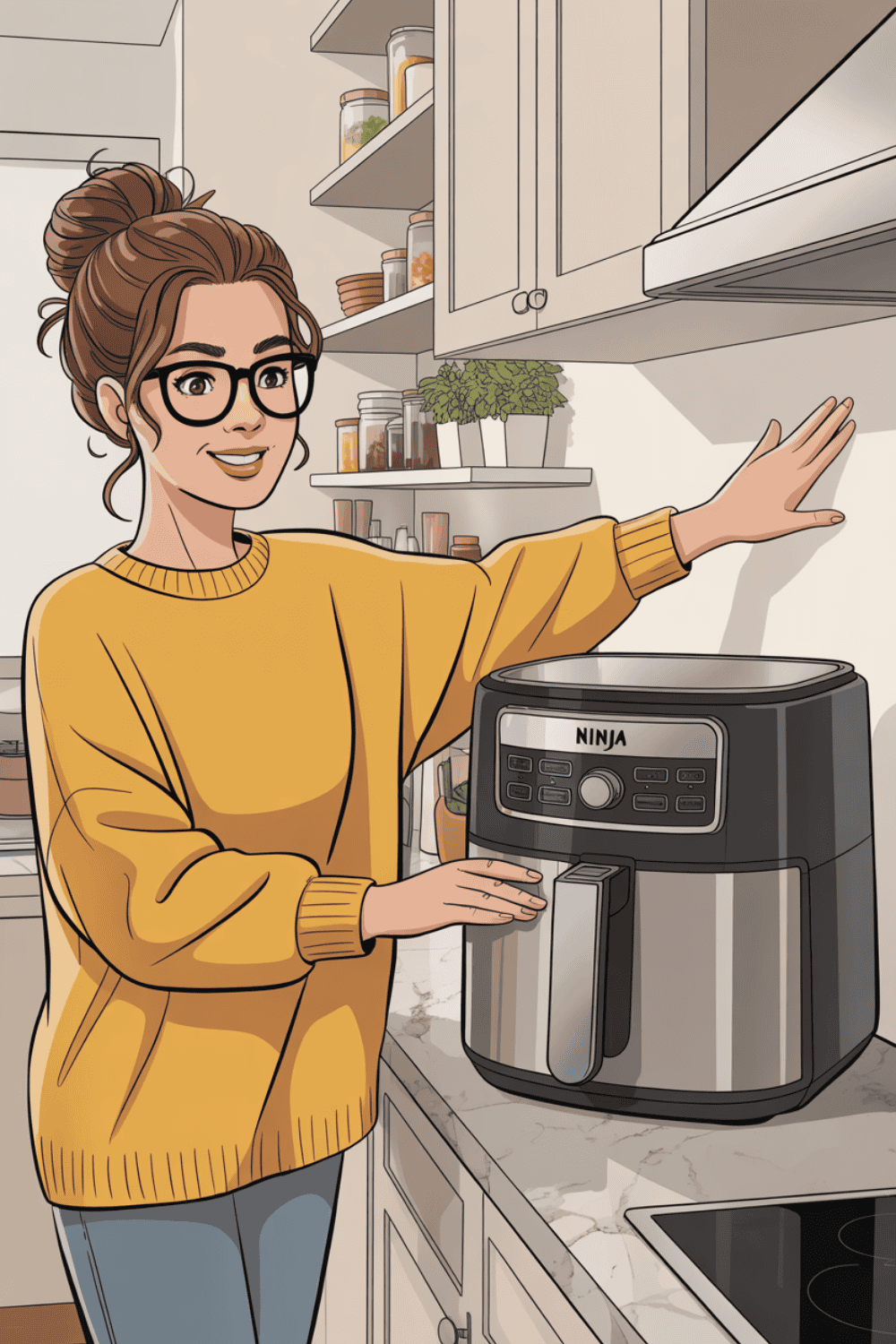 Frau in senfgelbem Pullover präsentiert geschlossene Ninja Airfryer auf Marmorarbeitsplatte mit einladender Geste, helle moderne Küche