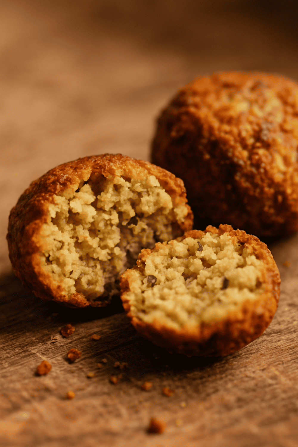 Goldbraune Falafel auf rustikalem Holzbrett, eine davon aufgeschnitten und zeigt die saftige, leicht körnige Textur der Kichererbsenmasse im Inneren mit sichtbaren Kräutern