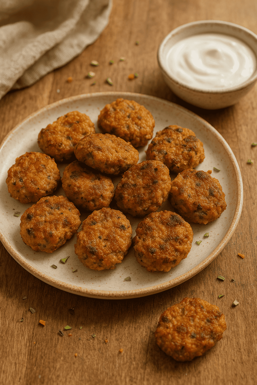 Gesunde Gemüse-Nuggets aus dem Airfryer auf Teller mit Joghurt-Dip serviert