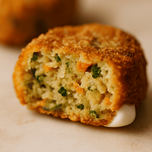 Aufgeschnittener Gemüse-Nugget Airfryer mit sichtbarem Brokkoli und Karotte innen