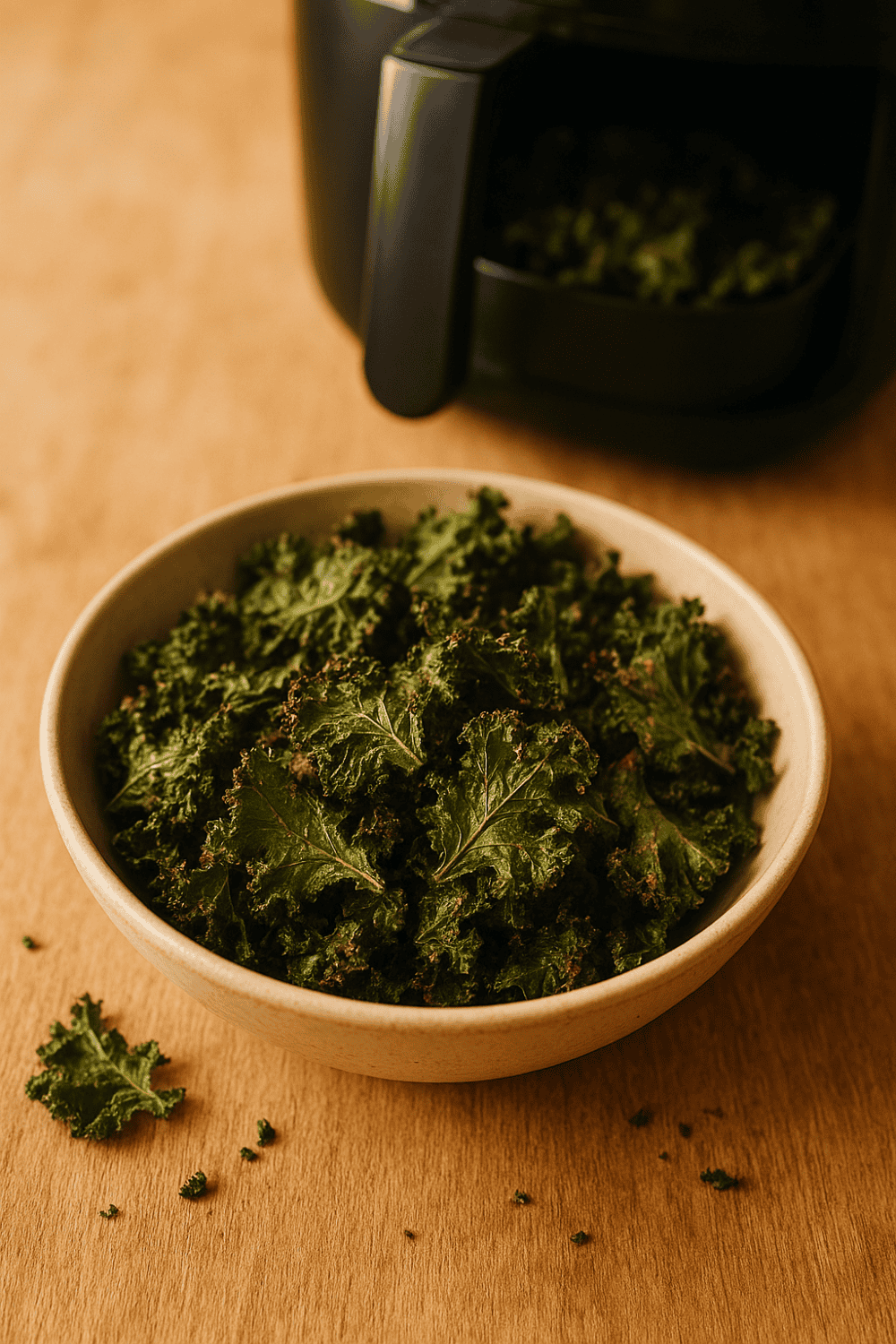 Fertige knusprige Grünkohlchips aus der Heißluftfritteuse in heller Holzschale serviert