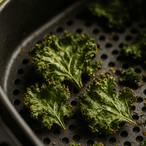 Grünkohlblätter auf Airfryer-Backmatte während des Backvorgangs mit leicht gebräunten Rändern