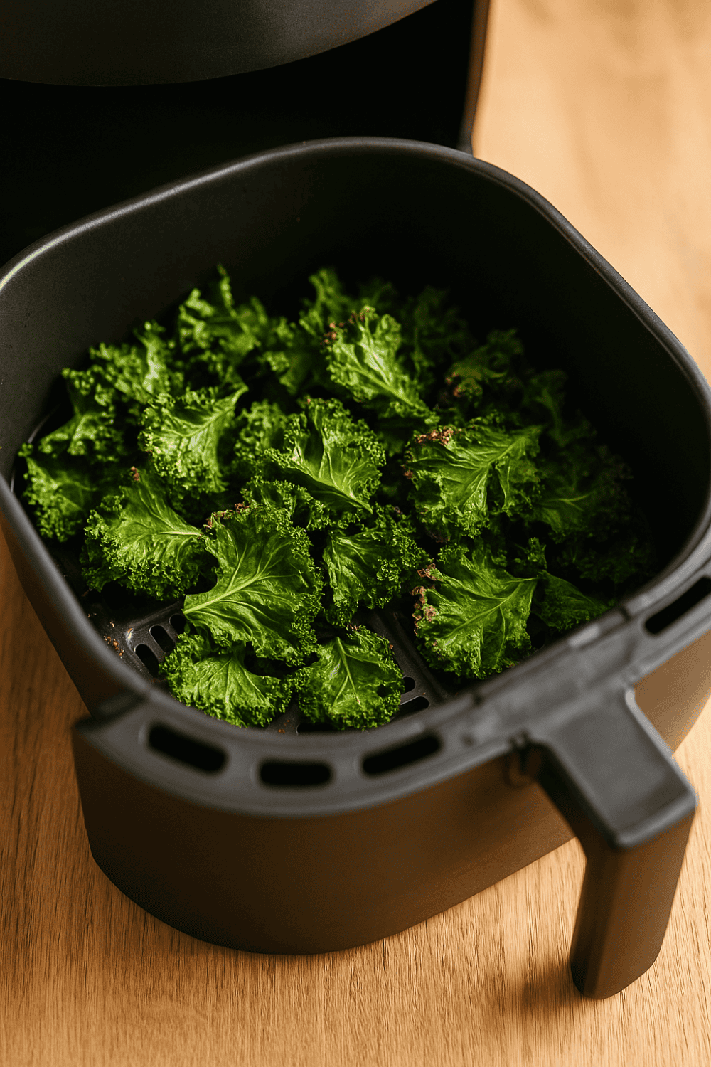 Frische Grünkohlblätter im Airfryer-Korb vor dem Backen zu knusprigen Grünkohlchips