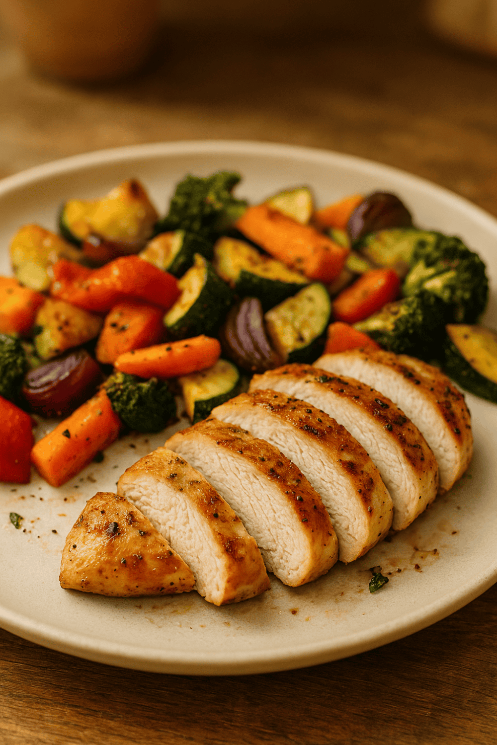 Saftige Hähnchenbrust aus der Heißluftfritteuse aufgeschnitten auf hellem Teller mit buntem Ofengemüse aus Karotten, Brokkoli, Paprika und Zucchini