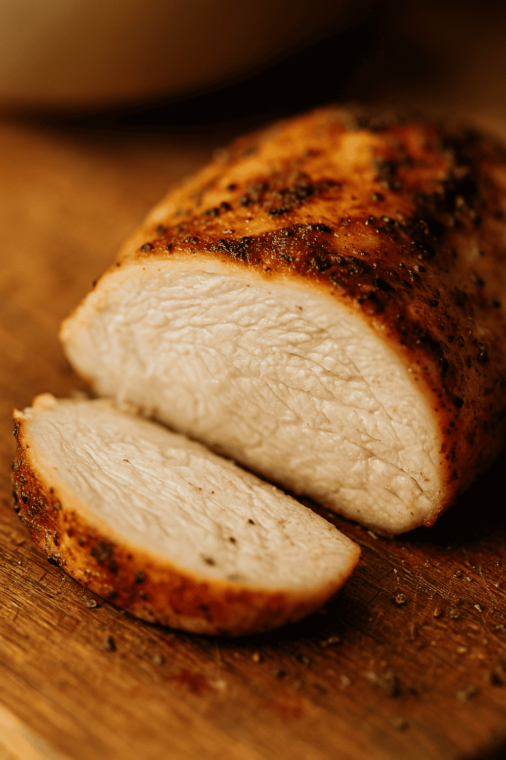 Angeschnittene Hähnchenbrust vom Airfryer auf Holzbrett zeigt saftige Textur innen und goldbraune gewürzte Kruste außen
