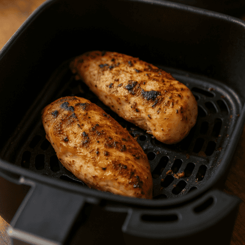 Zwei goldbraun gegarte Hähnchenbrustfilets mit Gewürzen im schwarzen Korb der Heißluftfritteuse