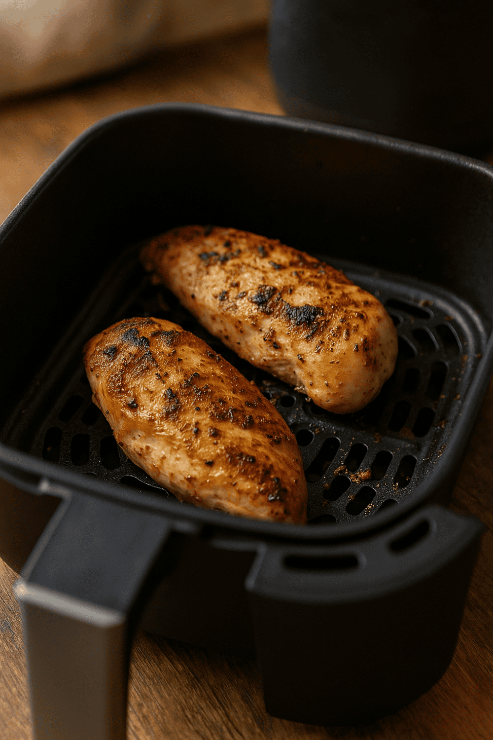 Zwei goldbraun gegarte Hähnchenbrustfilets mit Gewürzen im schwarzen Korb der Heißluftfritteuse