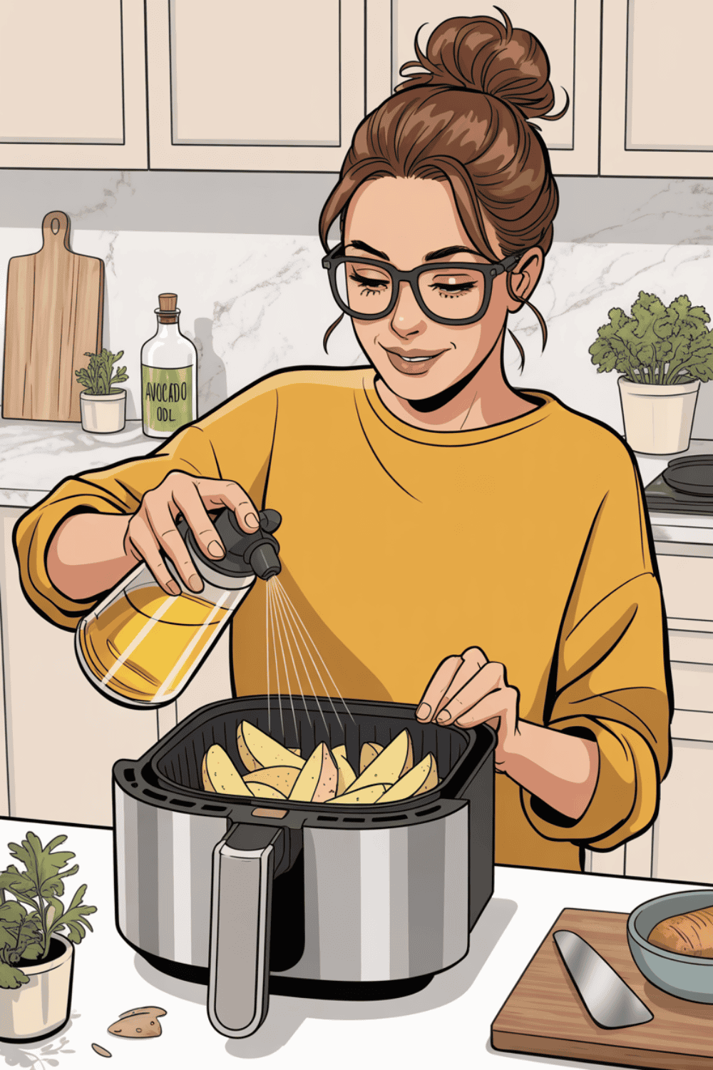 Frau in gelbem Pullover besprüht Pommes in der Heissluftfritteuse mit Öl.