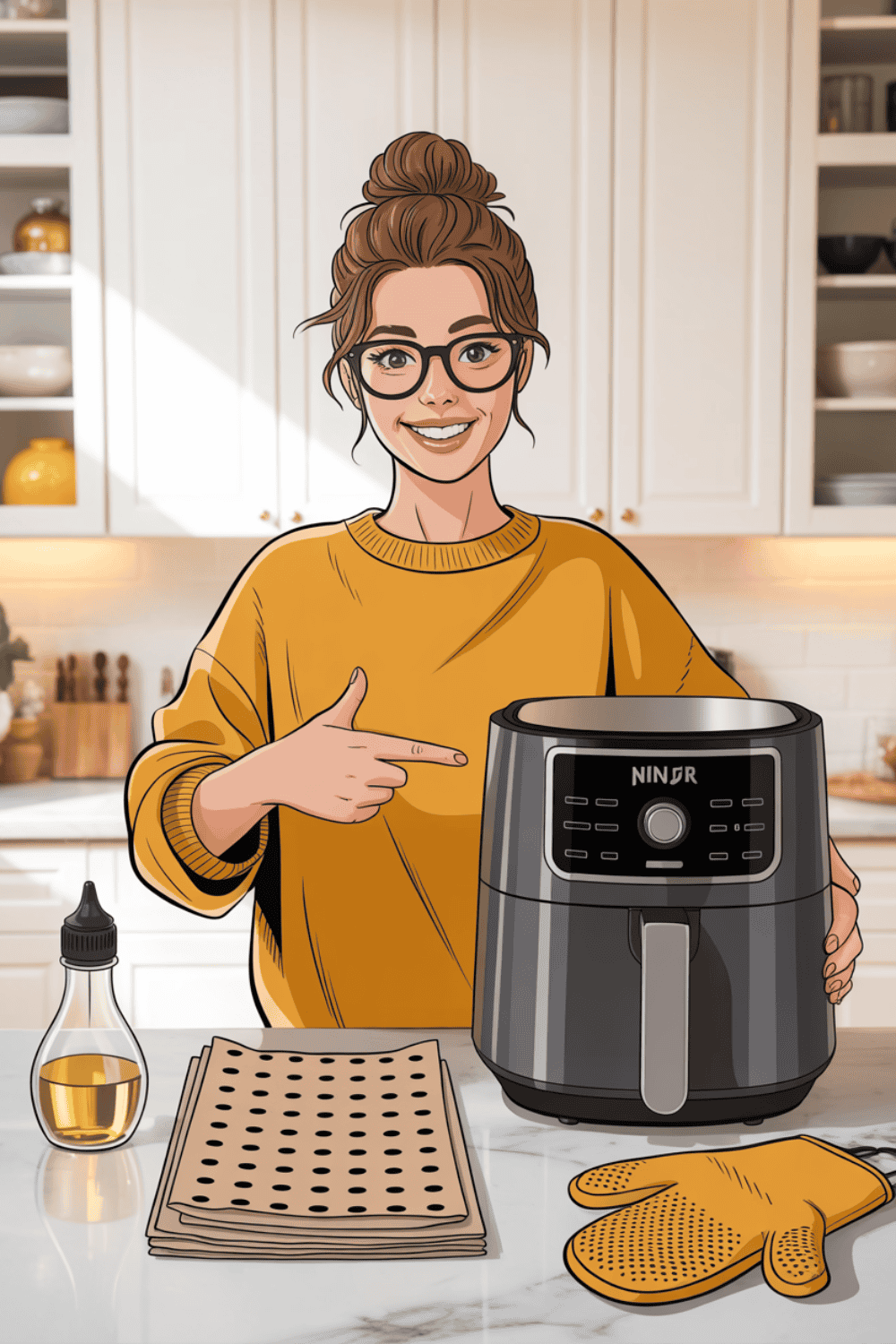 Frau zeigt auf das richtige Zubehör für die Heissluftfritteuse: Öl-Spüher, Backpapier und eine Zange.
