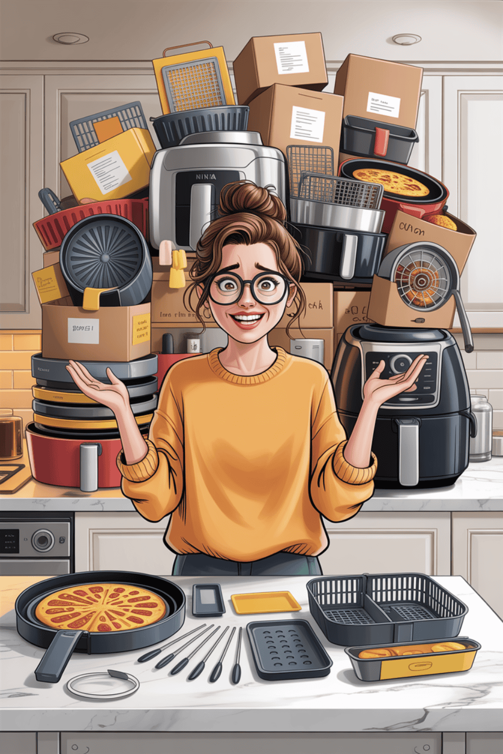 Frau hat viel zu viel Zubehör für die Heißluftfritteuse gekauft und hätte sich vorher lieber richtig informieren sollen.