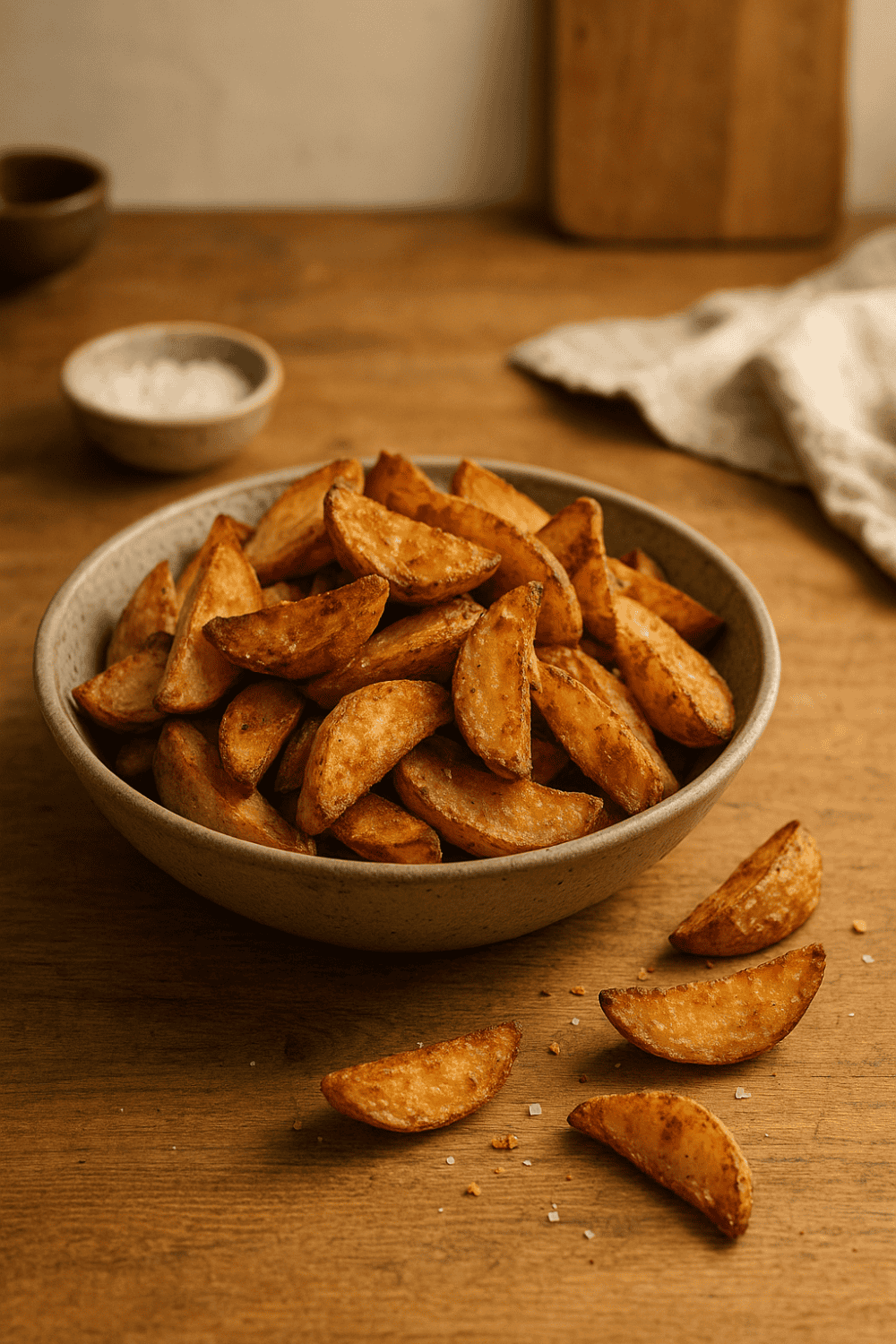 Knusprige Kartoffelecken serviert in Schüssel mit Salz