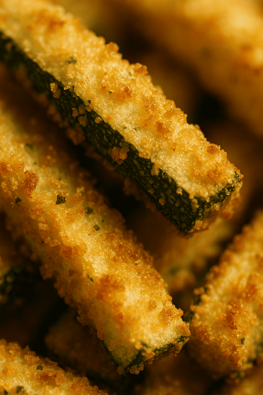 Nahaufnahme von goldbraun panierten Zucchini-Pommes mit knuspriger Panko-Panade und grüner Schale