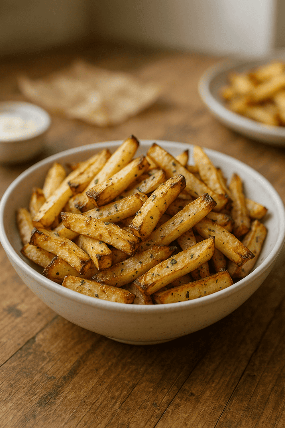 Knusprige Kohlrabi-Pommes aus der Heißluftfritteuse in weißer Schüssel auf Holztisch mit Kräutern garniert