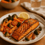 Aufgeschnittenes Lachsfilet mit geröstetem Brokkoli, Karotten und Zitronenscheibe auf weißem Teller