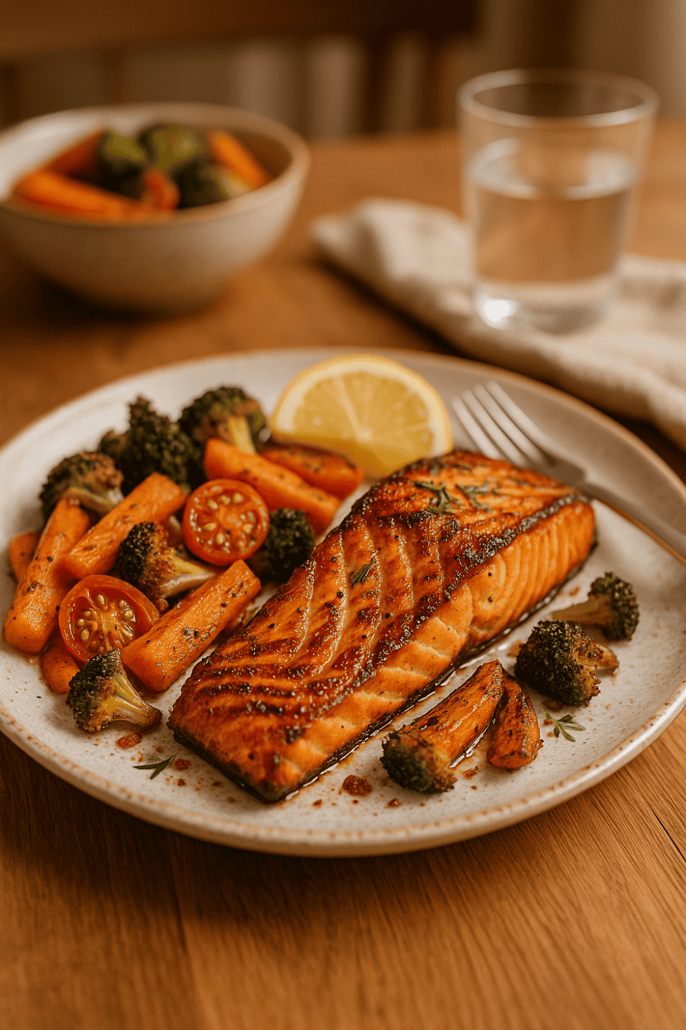 Aufgeschnittenes Lachsfilet mit geröstetem Brokkoli, Karotten und Zitronenscheibe auf weißem Teller