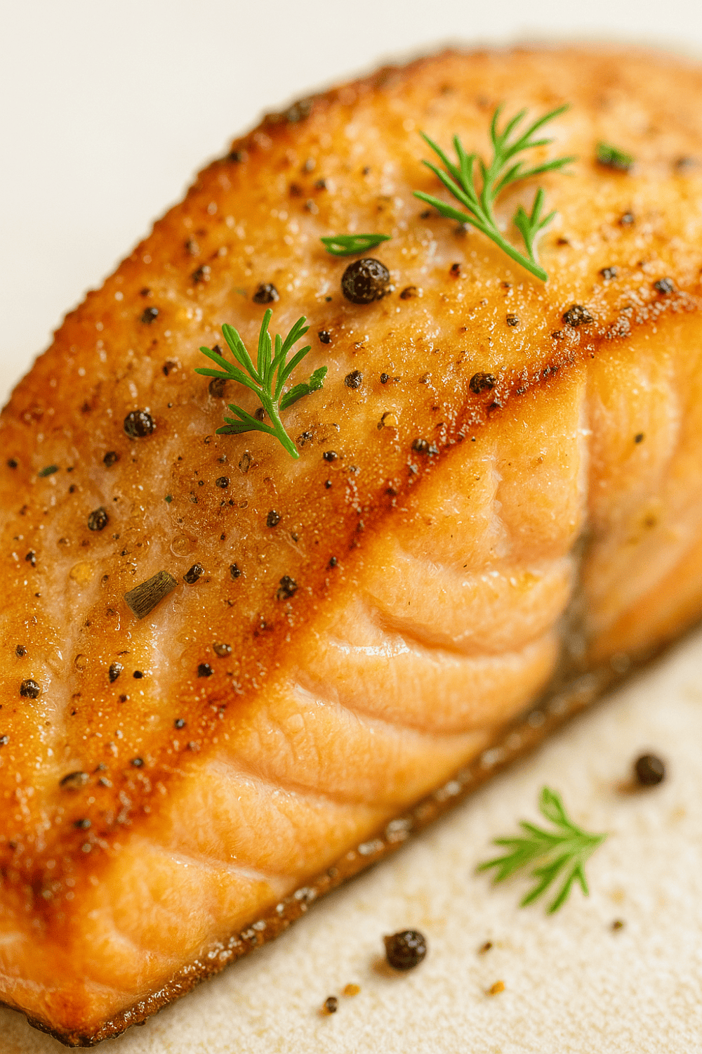 Knuspriges Lachsfilet mit goldbrauner Kruste, Kräutern und Gewürzen auf hellem Teller