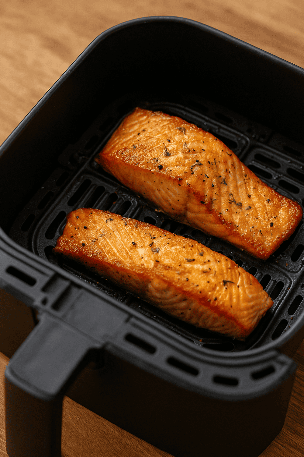Zwei gewürzte Lachsfilets im schwarzen Airfryer-Korb mit Kräutern