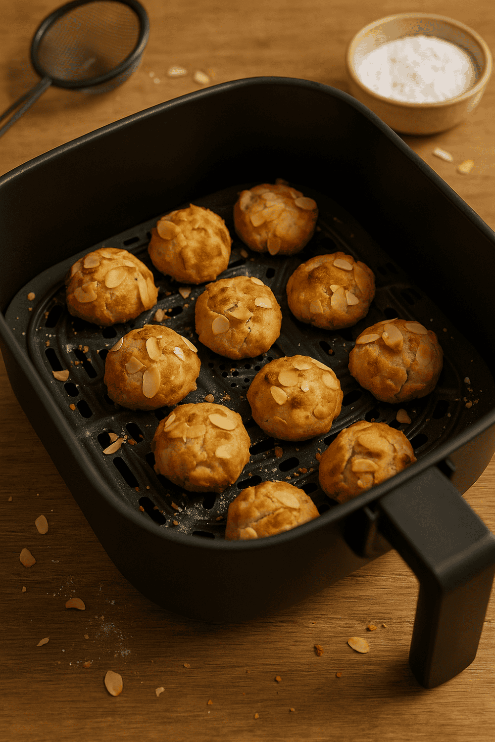 Goldbraune Marzipan-Plätzchen mit gehobelten Mandeln im Airfryer-Korb der Heißluftfritteuse