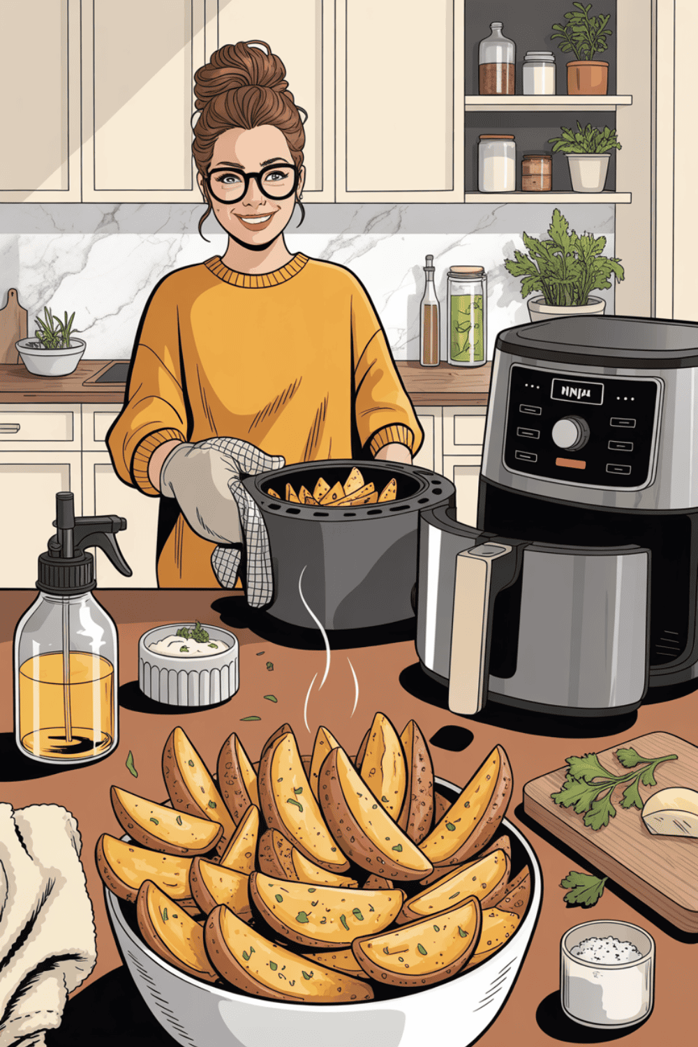 Goldbraune knusprige Kartoffelecken aus der Heißluftfritteuse mit minimalem Ölverbrauch und Ölsprüher