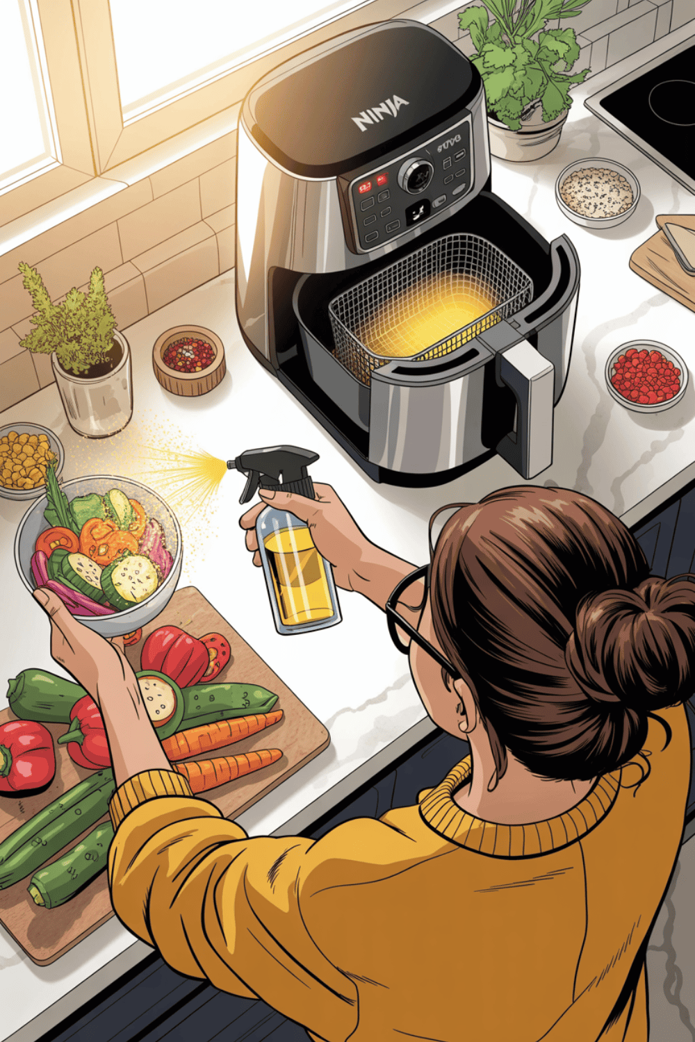 Gemüse mit Ölsprüher besprühen vor dem Garen im Airfryer - richtige Öl-Dosierung für Ofengemüse