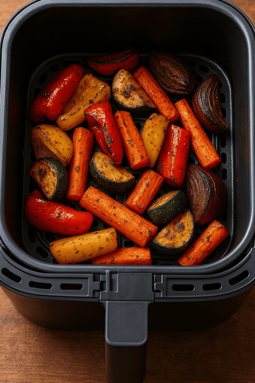 Gewürztes Ofengemüse im schwarzen Airfryer-Korb vor dem Garen - Paprika, Karotten, Zucchini und rote Zwiebel mit mediterranen Kräutern