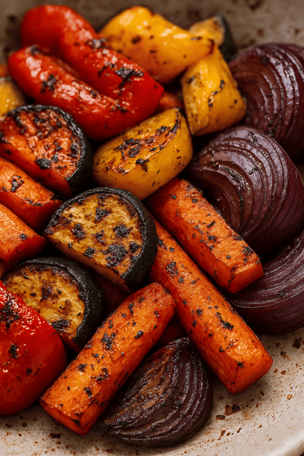 Nahaufnahme von karamellisiertem Ofengemüse aus der Heißluftfritteuse mit sichtbaren Röstaromen, gerösteten Karotten, Paprika, Zucchini und roten Zwiebeln mit italienischen Kräutern