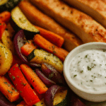 Buntes Ofengemüse aus der Heißluftfritteuse auf hellem Teller mit gerösteten Karotten, Paprika, Zucchini und roter Zwiebel, serviert mit Hähnchen und Kräuter-Joghurt-Dip