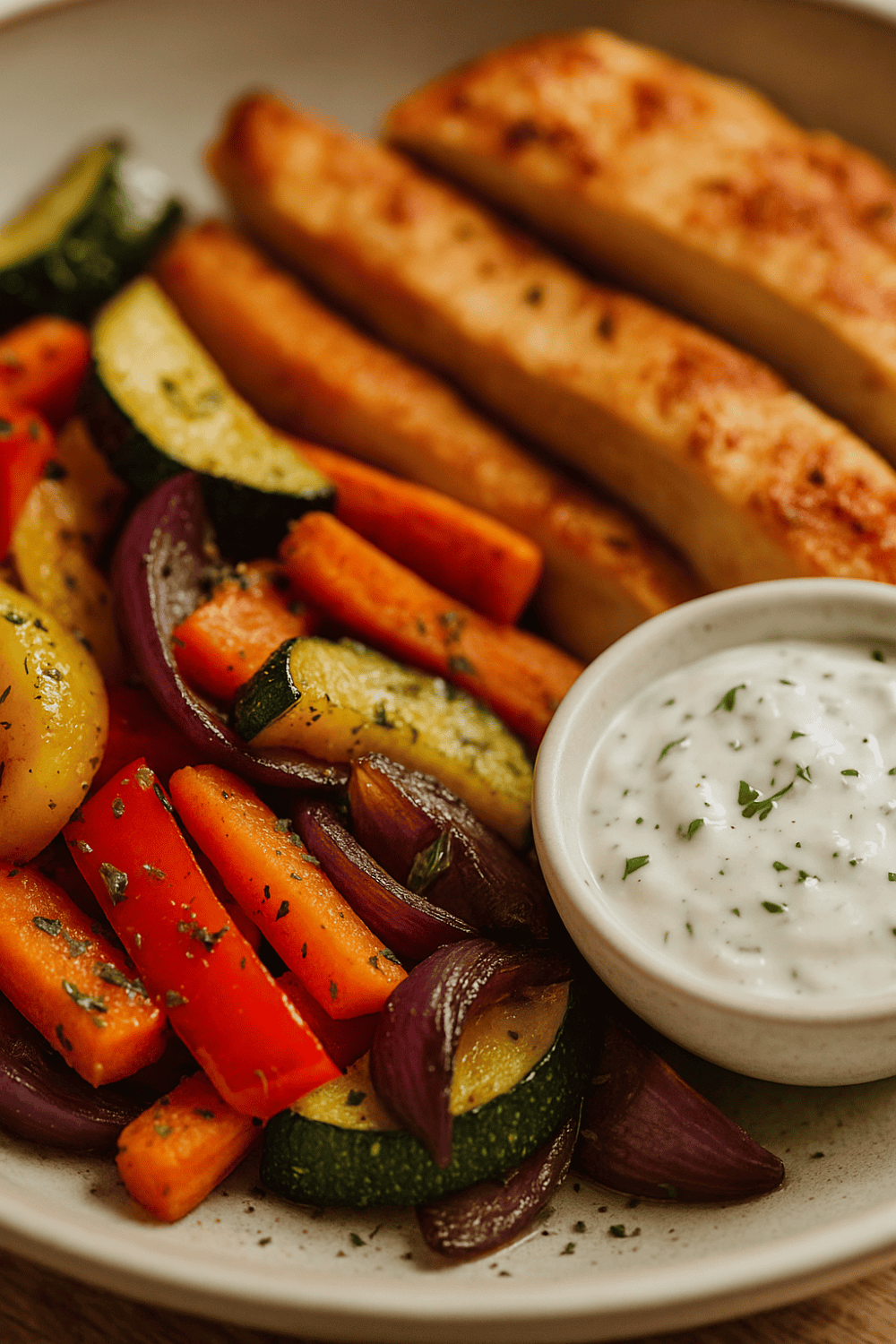 Buntes Ofengemüse aus der Heißluftfritteuse auf hellem Teller mit gerösteten Karotten, Paprika, Zucchini und roter Zwiebel, serviert mit Hähnchen und Kräuter-Joghurt-Dip